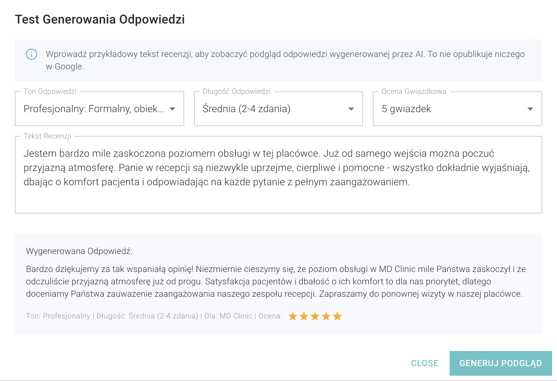 Automatyczne odpowiedzi AI na opinie Google — podgląd w panelu Spincord